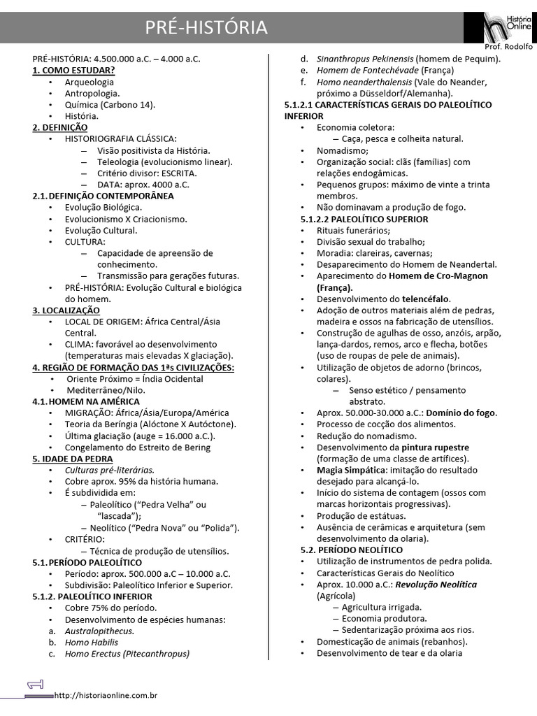 Resumo da Pré-História: Paleolítico e Neolítico | PDF | Paleolítico ...