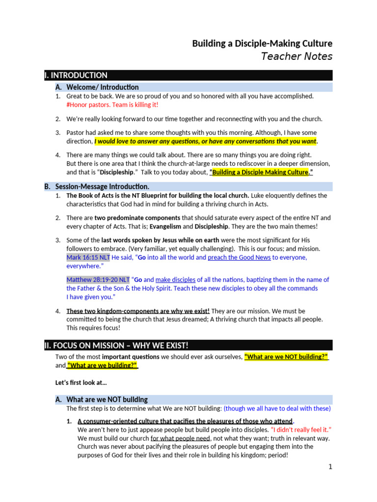01 Building A Disciple-Making Culture - Teacher Notes | PDF