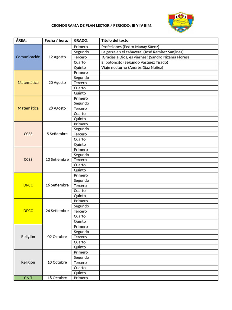 Cronograma Plan Lector Iii Y Iv Bim Pdf