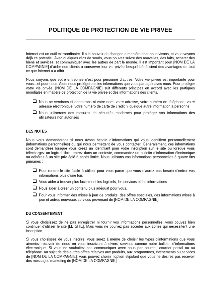 Politique de Protection de Vie Privée | PDF