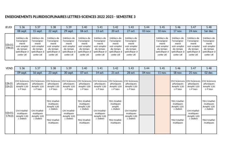Emploi Du Temps Lettres-Sciences S3 2022 2023 | PDF
