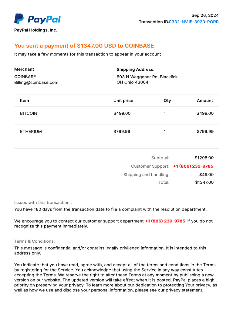 You Sent A Payment of $1347.00 USD To COINBASE | PDF