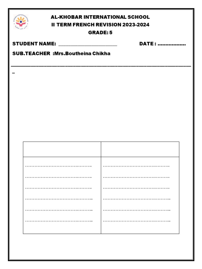 Revision Second Term Grade 5 2024 Pdf