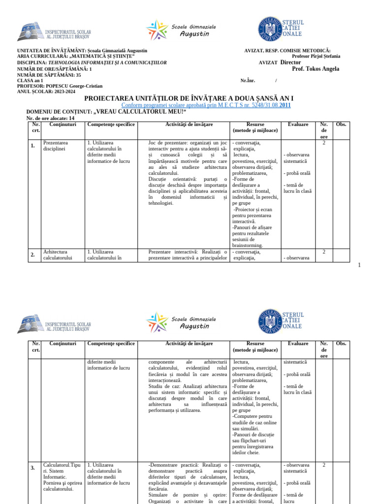 Plaficare Pe Unitati Cds Tic 20232024 | PDF