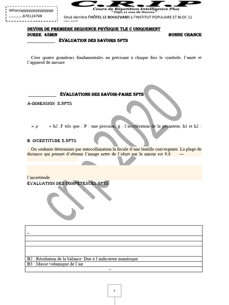 Devoir de premiere sequence physique tle c uniquement 1 pdf