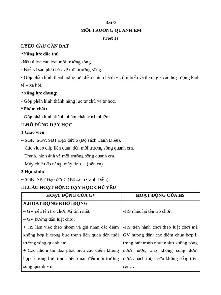 KHBD Dao Duc 5 Bai 6 | PDF