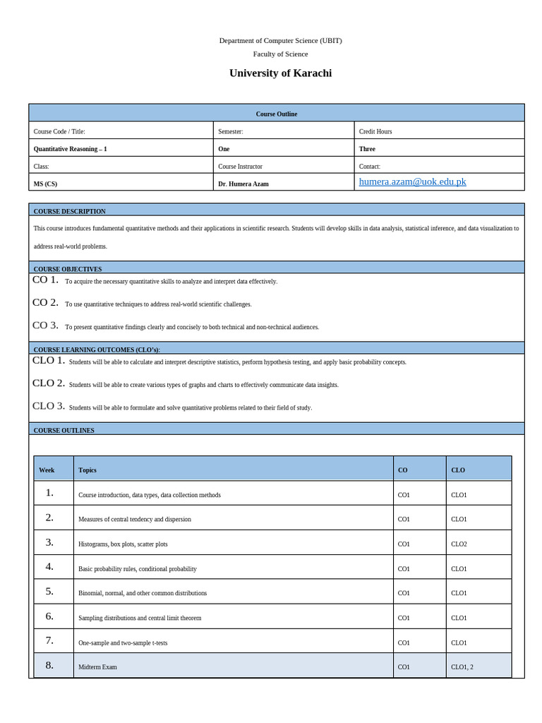 Course Outline - Quantitative Reasoning - 1 | PDF