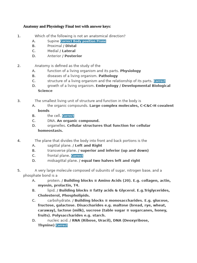Anatomy and Physiology Final Test With Explainations | PDF