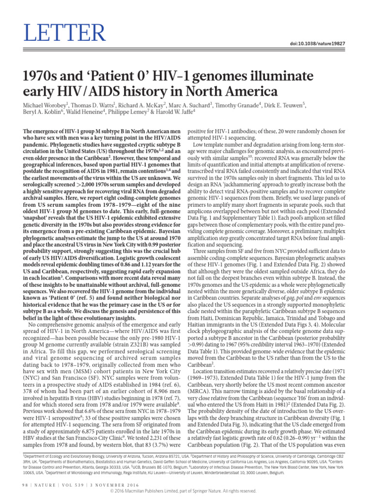 1970s and 'Patient 0' HIV1 Genomes Illuminate Early HIV/AIDS History
