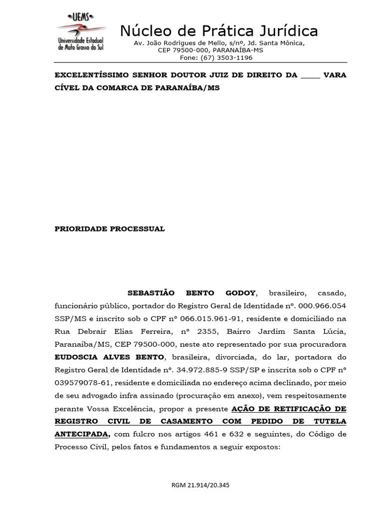 Ação de Retificação de Registro Civil Certidão de Casamento - Sebastião ...