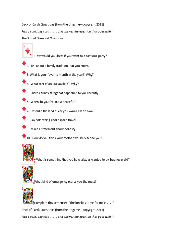 Ungame Deck of Cards Questions | PDF