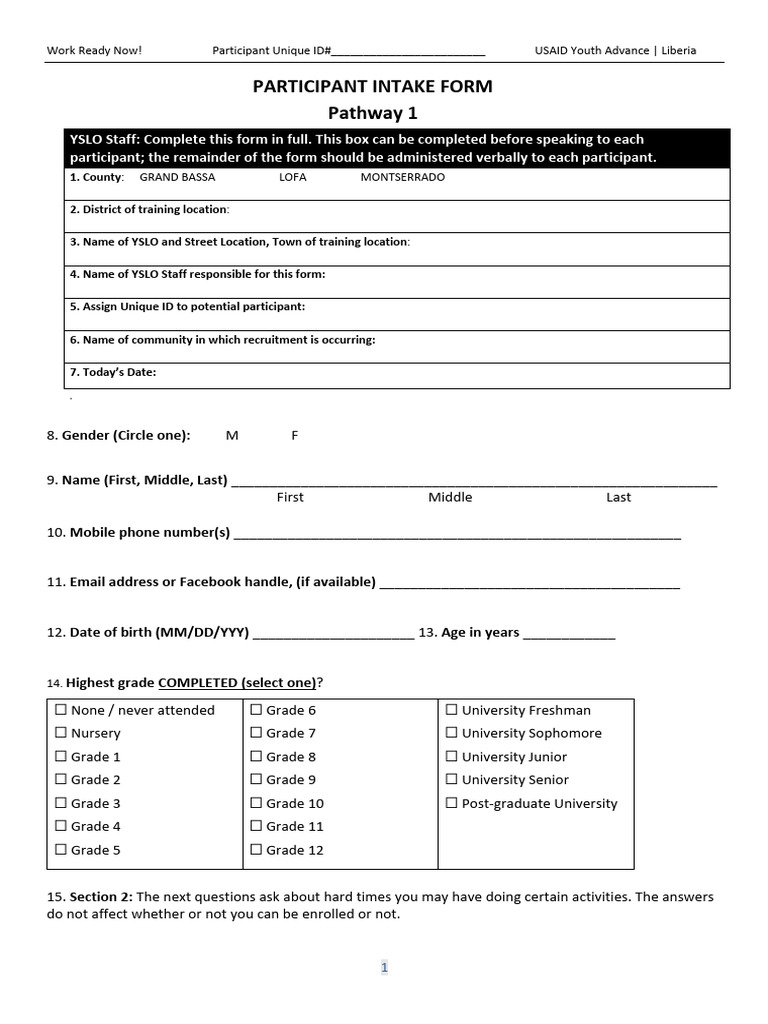 P1 Tool #1 - Participant Intake Form USAID Youth Advance | PDF | Career ...