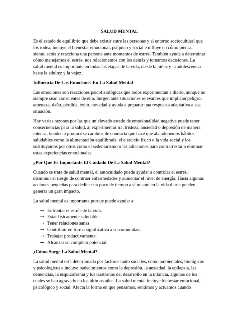 Importancia de la Salud Mental y Autocuidado | PDF | Salud mental ...