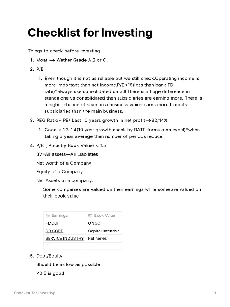 Essential Investment Checklist Guide | PDF