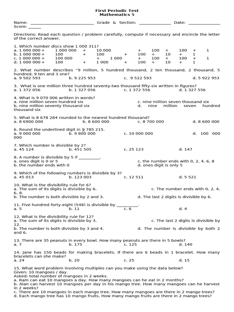 First Periodic Test in Mathematics - Questionnaire | PDF
