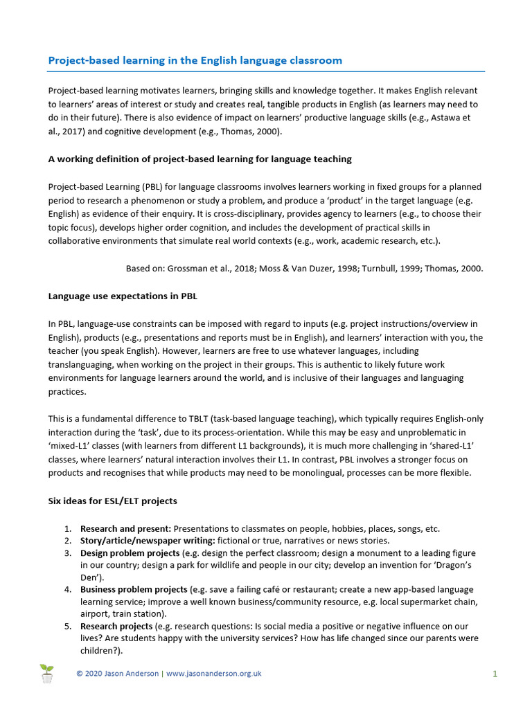 Project-Based Learning in ELT | PDF | English As A Second Or Foreign ...