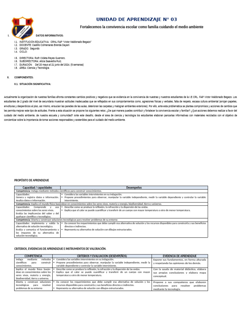 Unidad de Aprendizaje N 3 Segundo | PDF | Aprendizaje | Crecimiento ...