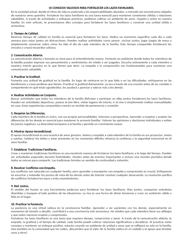 10 Consejos Valiosos para Fortalecer Los Lazos Familiares | PDF