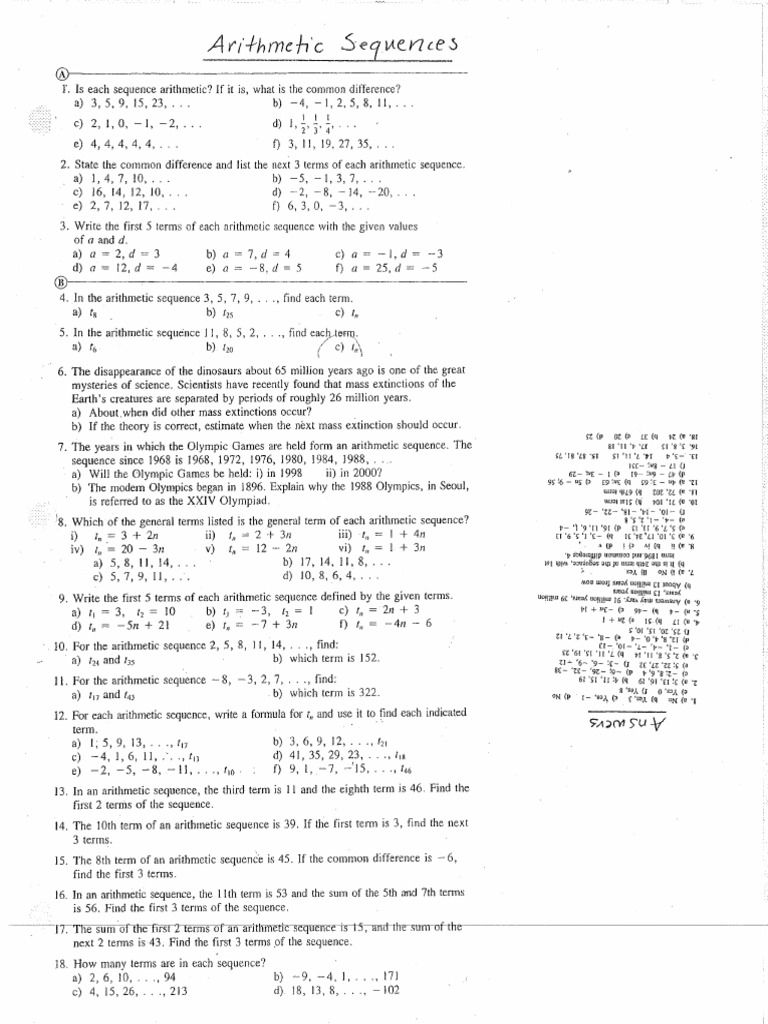 Arithmetic Sequences Worksheet (AW) | PDF