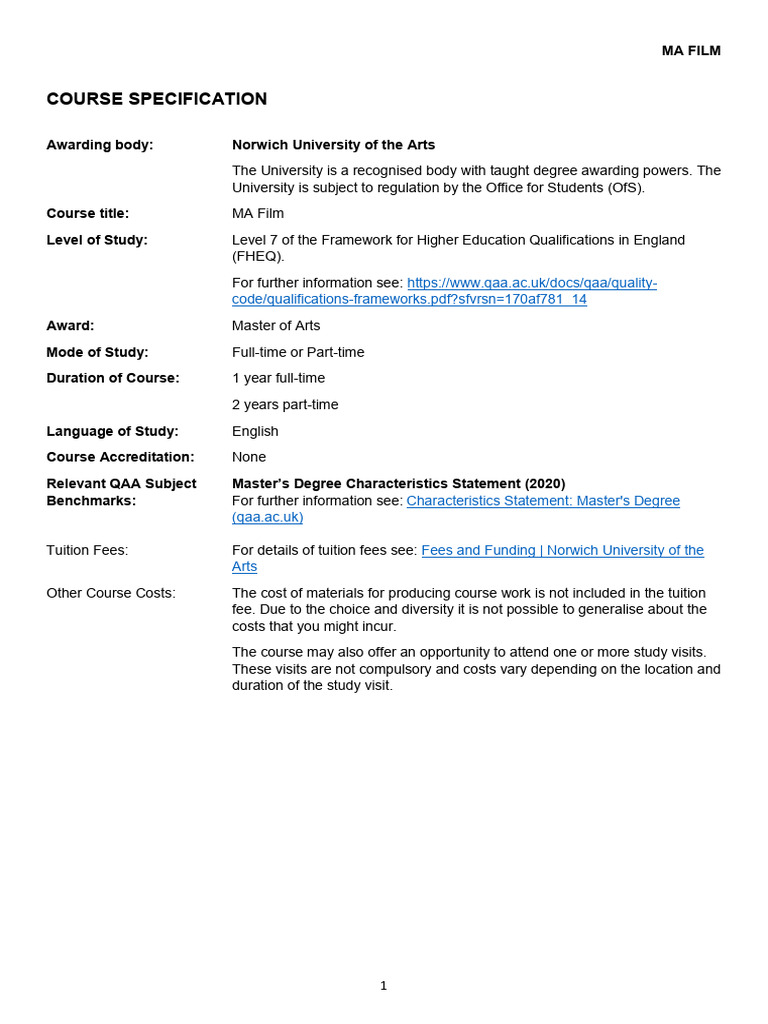 MA-Film Course-Specification 2023-24 Norwich University | PDF