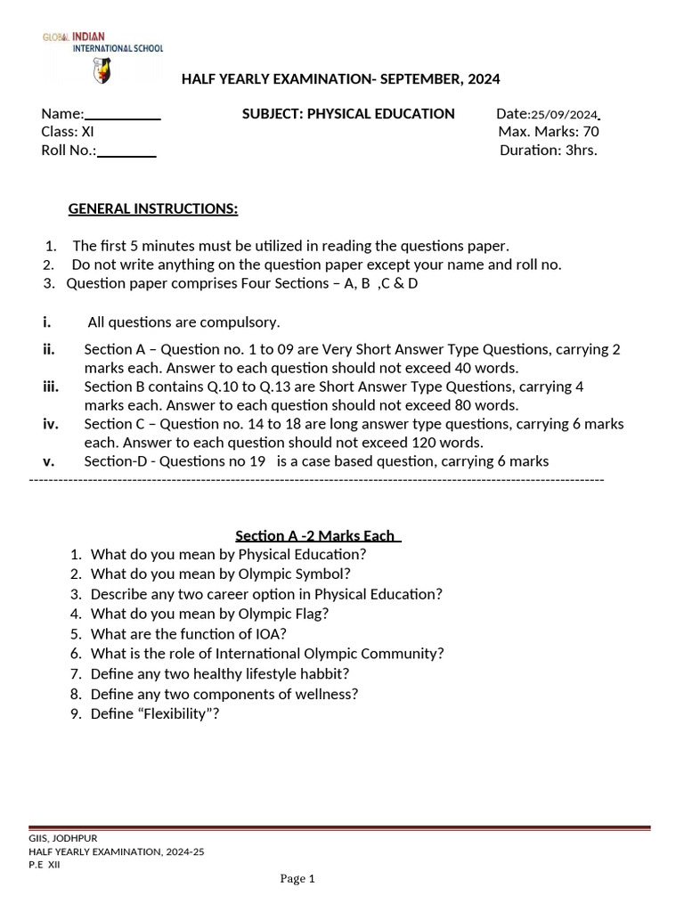 Class 11 Physical Education Half Yearly Exam | PDF | Physical Education