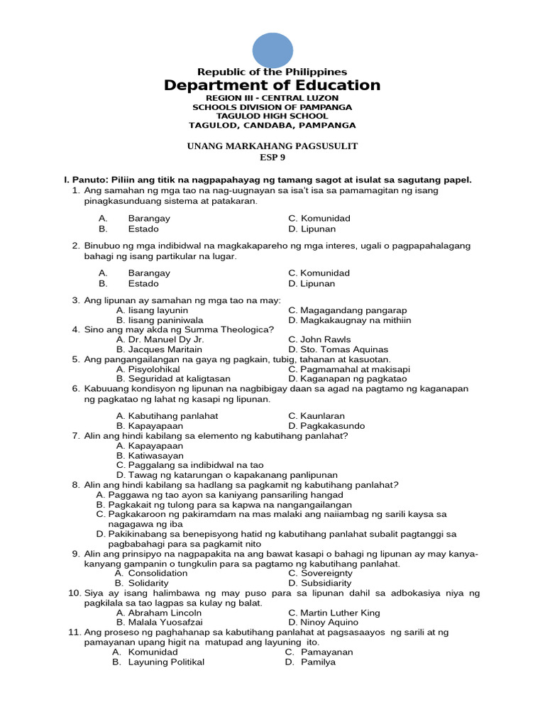 Esp 9 First Periodical Test | PDF