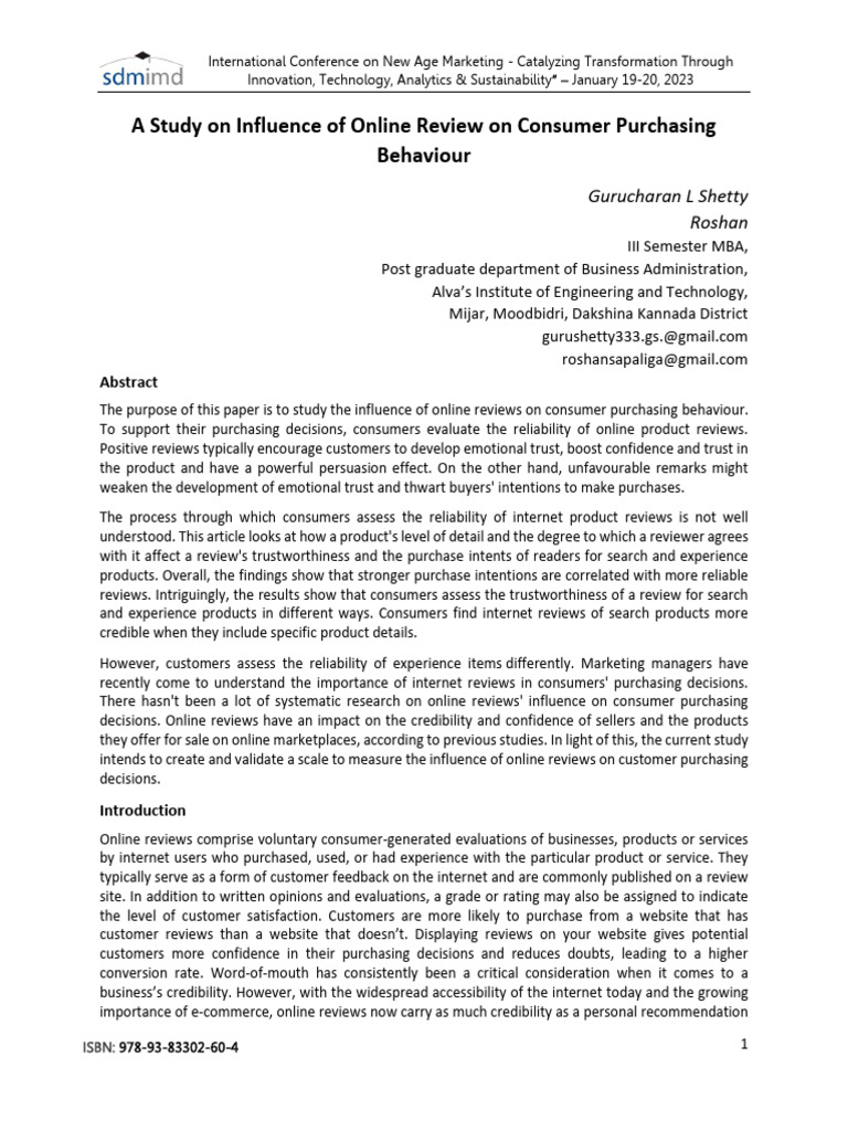 (2023) A Study On Influence of Online Review On Cosumer Purchasing ...