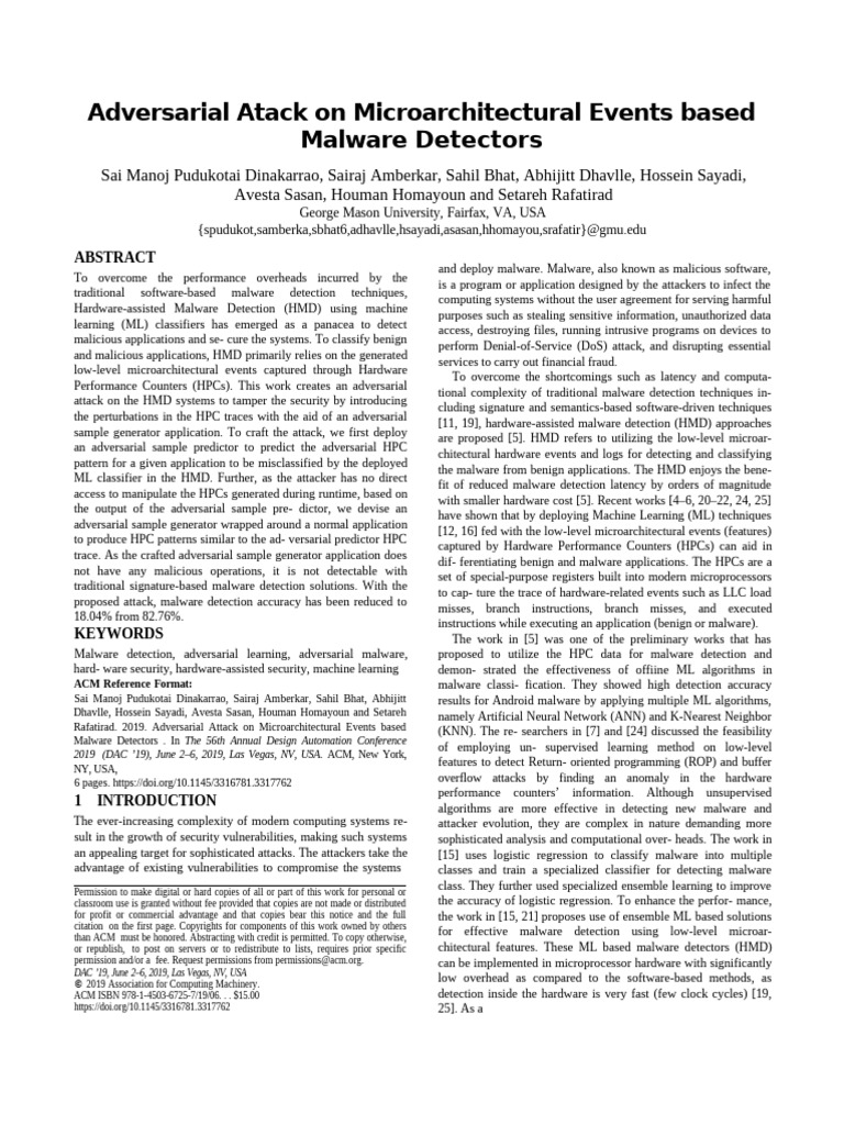 Adversarial Attack On Microarchitectural Events Based Malware Detectors