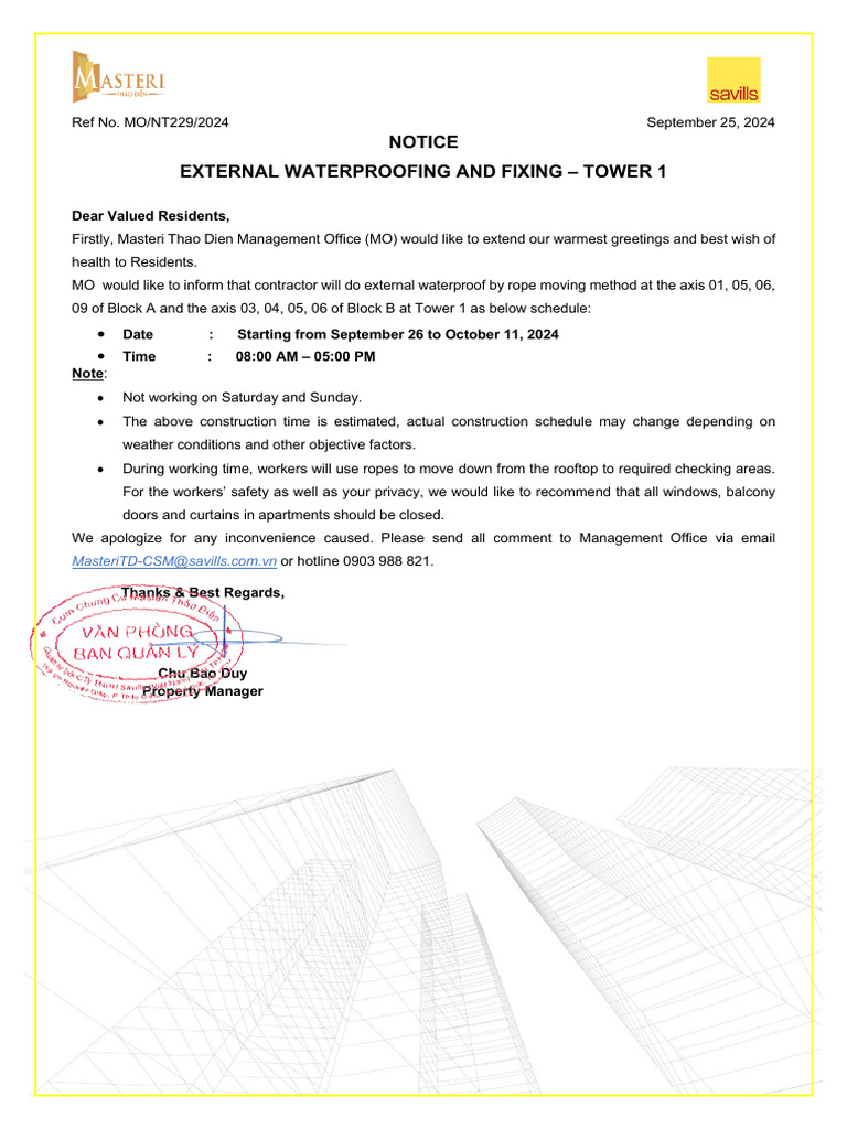 MO.NT229.2024 - Notice The External Waterproofing and Fixing - Tower 1 ...