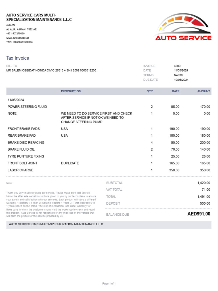Tax Invoice: Auto Service Cars Multi-Specialization Maintenance L.L.C | PDF