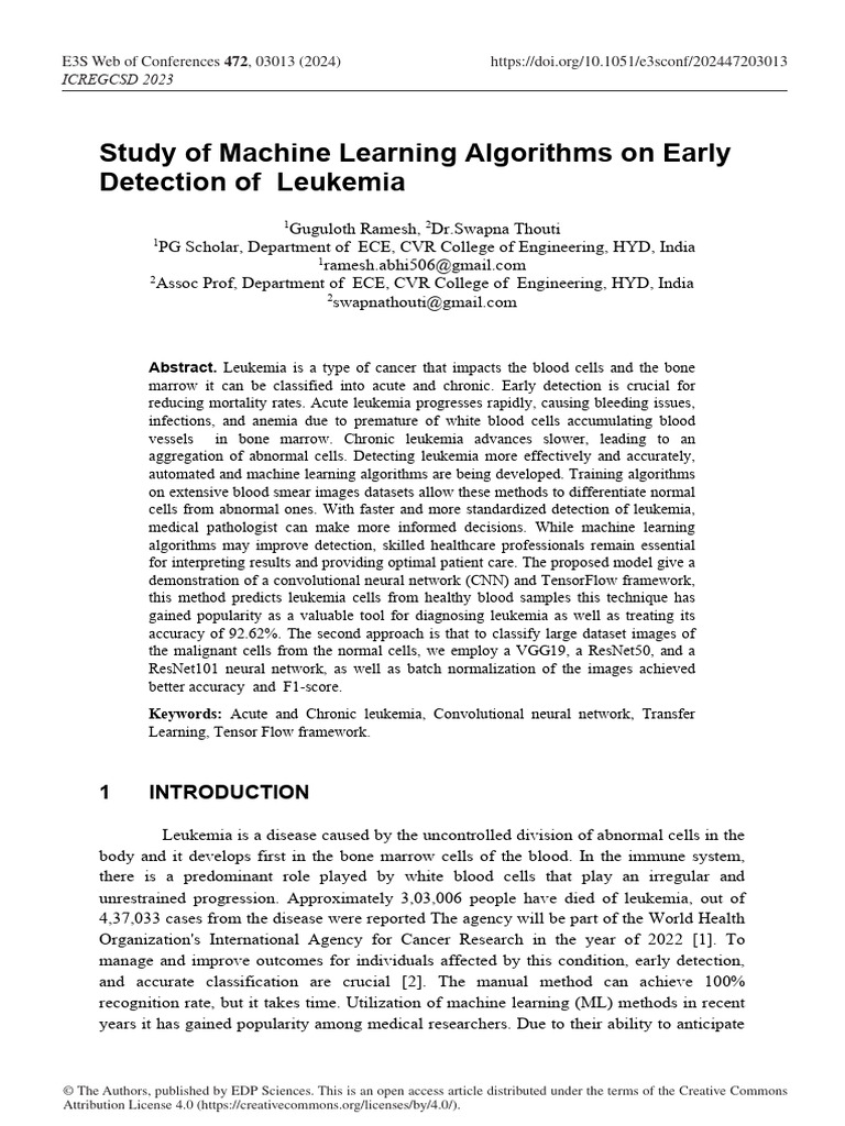 Study Of Machine Learning Algorithms On Early Detection Of Leukemiae3s