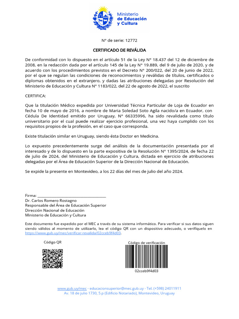 Certificado de Revalida María Soledad Soto Agila | PDF