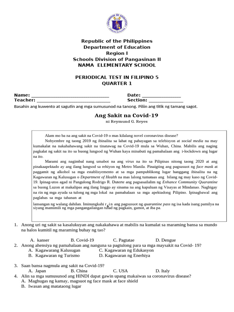 Filipino 5 Q1 PT 2023 2024 | PDF