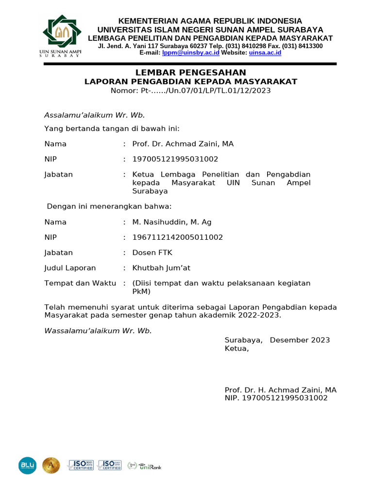 Pengesahan Laporan PKM | PDF