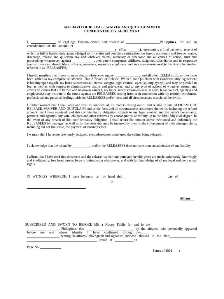 Quitclaim Affidavit and Confidentiality | PDF | Affidavit | Law