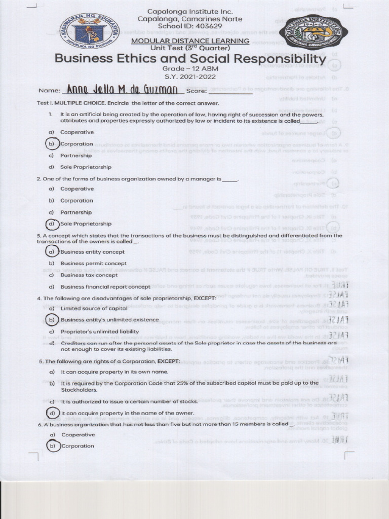 B.e.&s.r. Q3-Exam | PDF