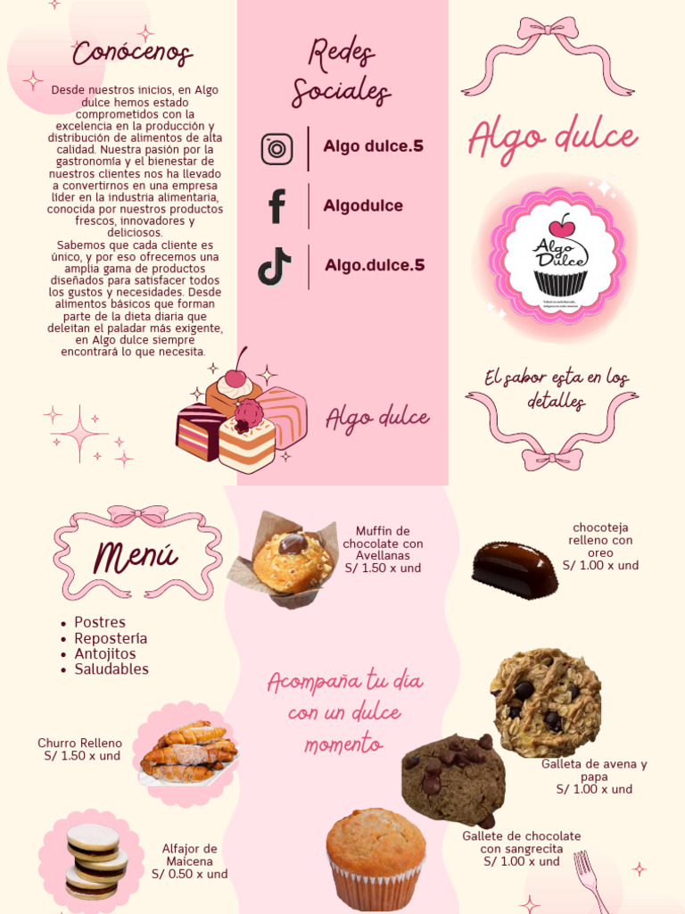 Folleto Tríptico Menú de Postres Ilustrado Kawaii Rosa y Crema ...