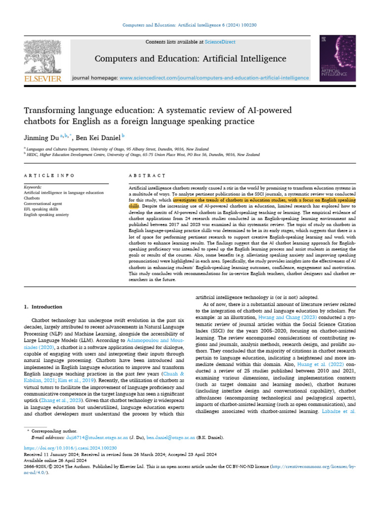 Du2024 - Systematic Review of AI-powered Chatbots For Speaking Practice ...