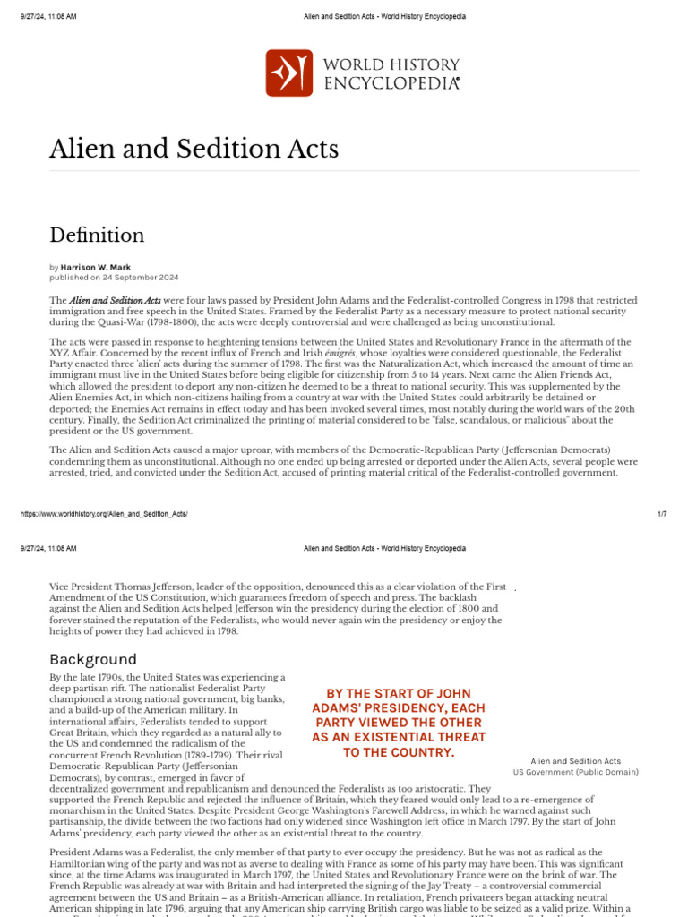 Alien and Sedition Acts - World History Encyclopedia | PDF