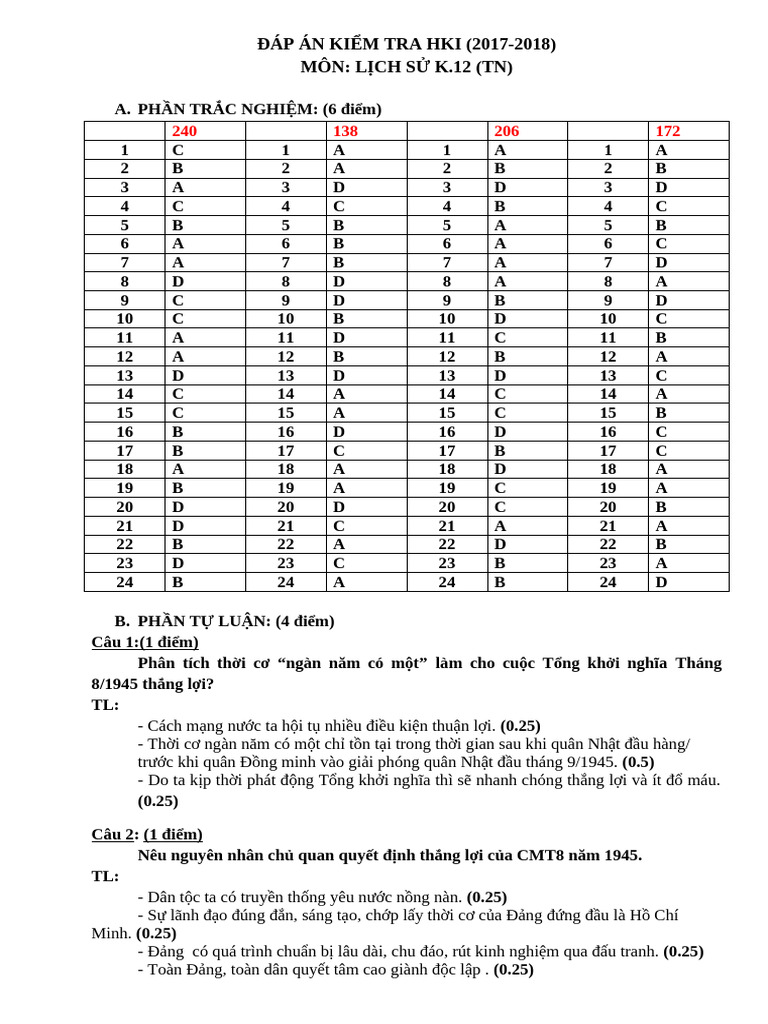 Dap An Su 12 - TN 2312201716 | PDF