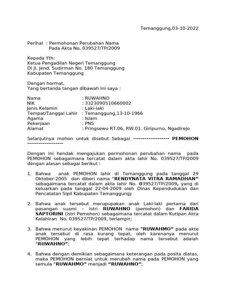 Contoh Surat Permohonan Perbaikan Akta Kelahiran Pdf