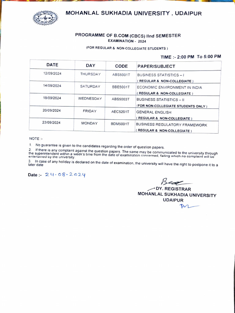 TIME TABLE OF B.COM (CBCS) IInd SEMESTER EXAMINATION 2024 (FOR REGULAR ...
