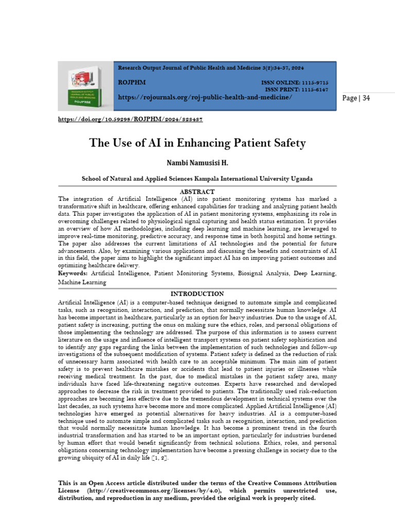 The Use of AI in Enhancing Patient Safety (WWW - Kiu.ac - Ug) | PDF