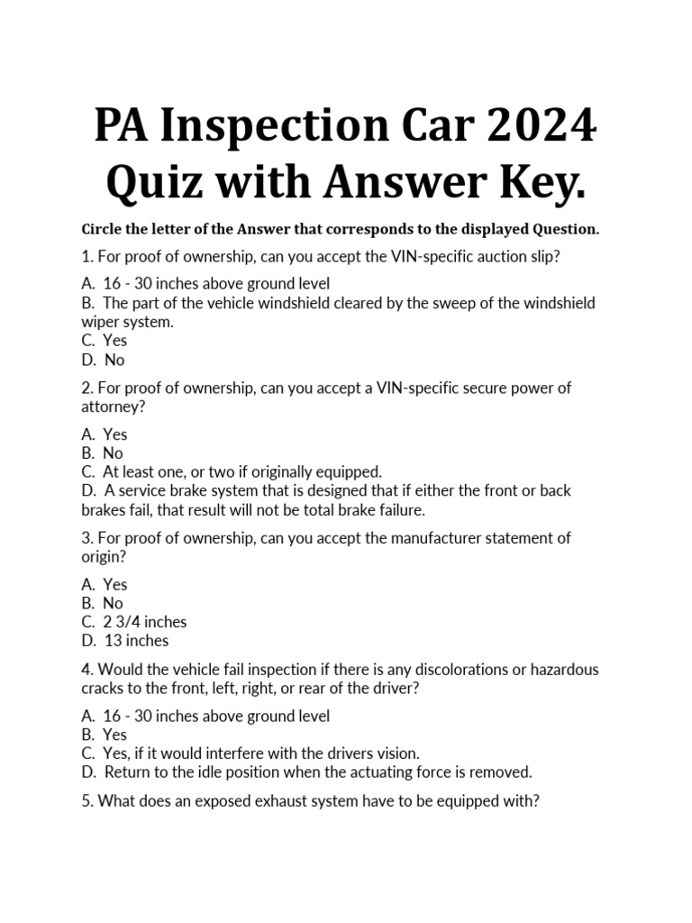 PA Inspection Car 2024 Quiz With Answer Key. | PDF