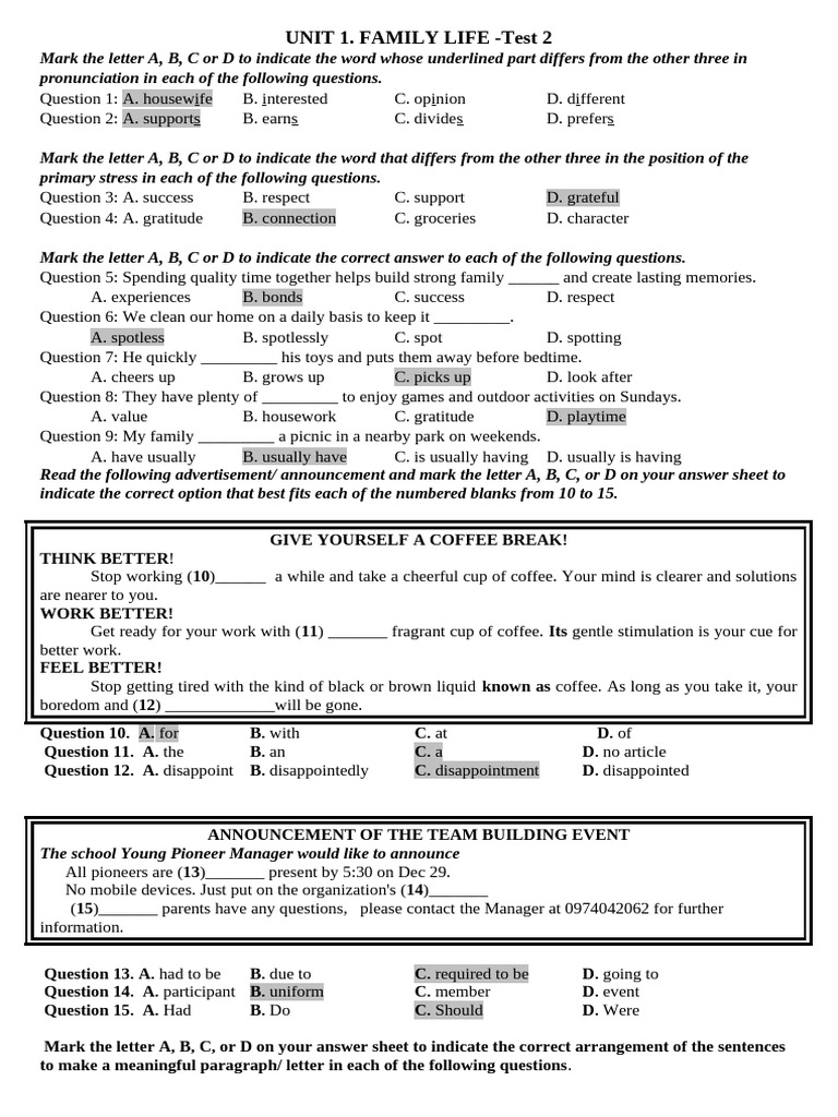 Grade 10 UNIT 1 - Test 2 Form 2025 - Key | PDF
