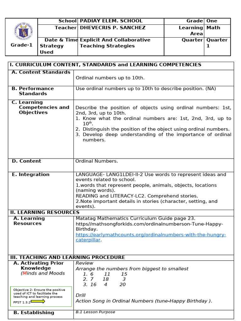 Matatag Lesson Plan Math 1 Quarter 1 | PDF