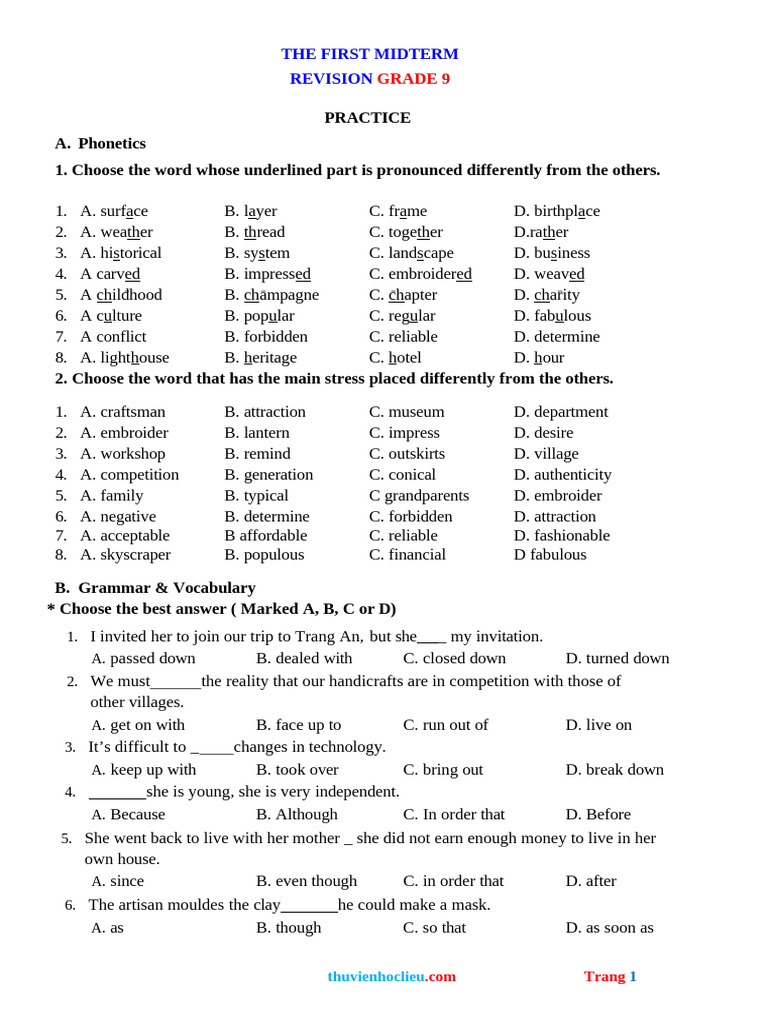 The First Midterm Revision: Grade 9 | PDF
