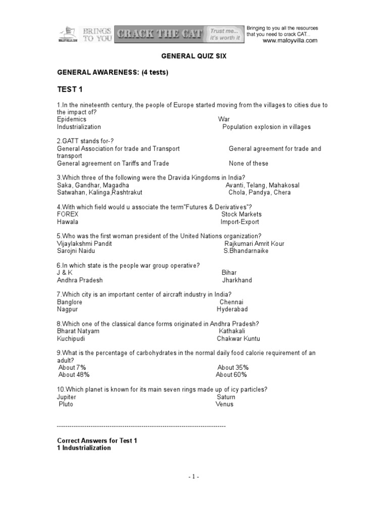 General Awareness Quiz: Test Your Knowledge | PDF | Nature