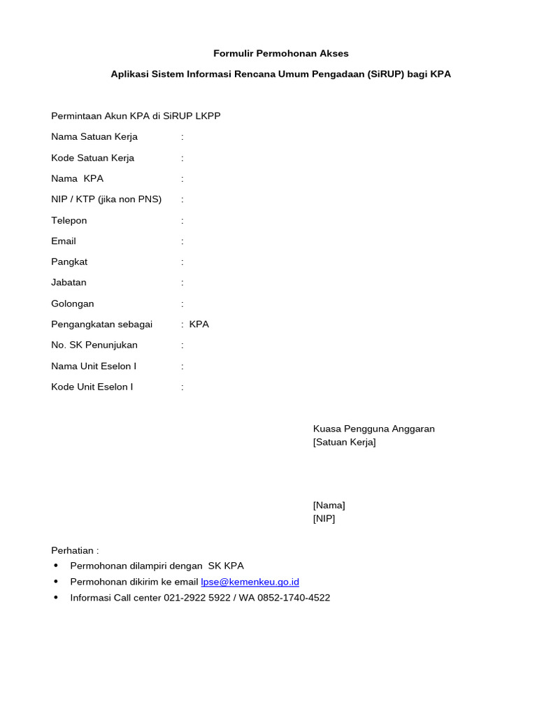 Formulir Permohonan User KPA Aplikasi SiRUP-Rev.27072019 | PDF