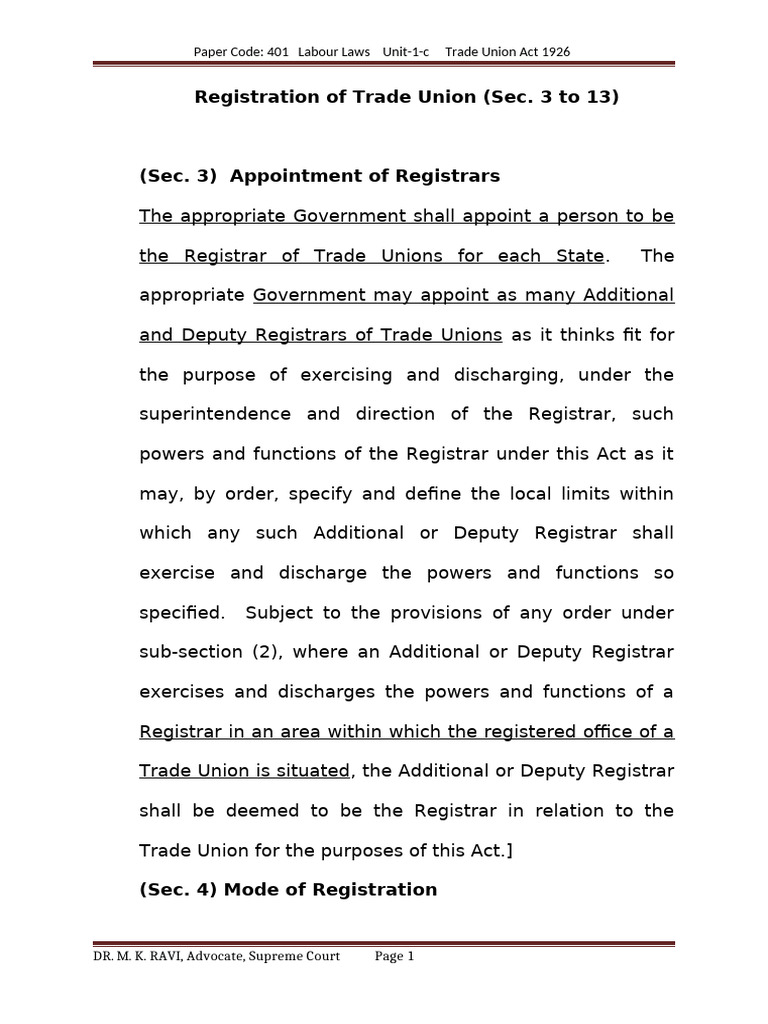 Lecture 3 Unit-1-C-I-Iii Registration of Trade Union | PDF | Appeal ...